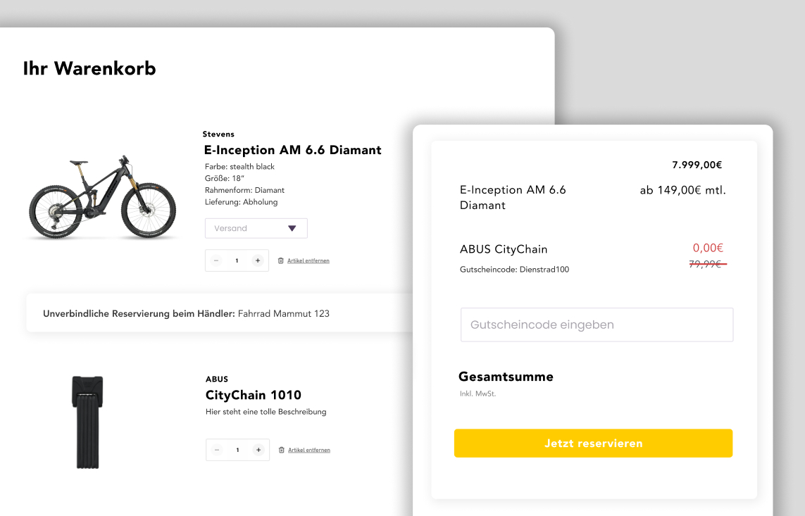 Ein Online-Warenkorb für den Kauf eines Stevens E-Bikes, Modell "E-Inception AM 6.6 Diamant", mit Zubehör wie der ABUS CityChain 1010.