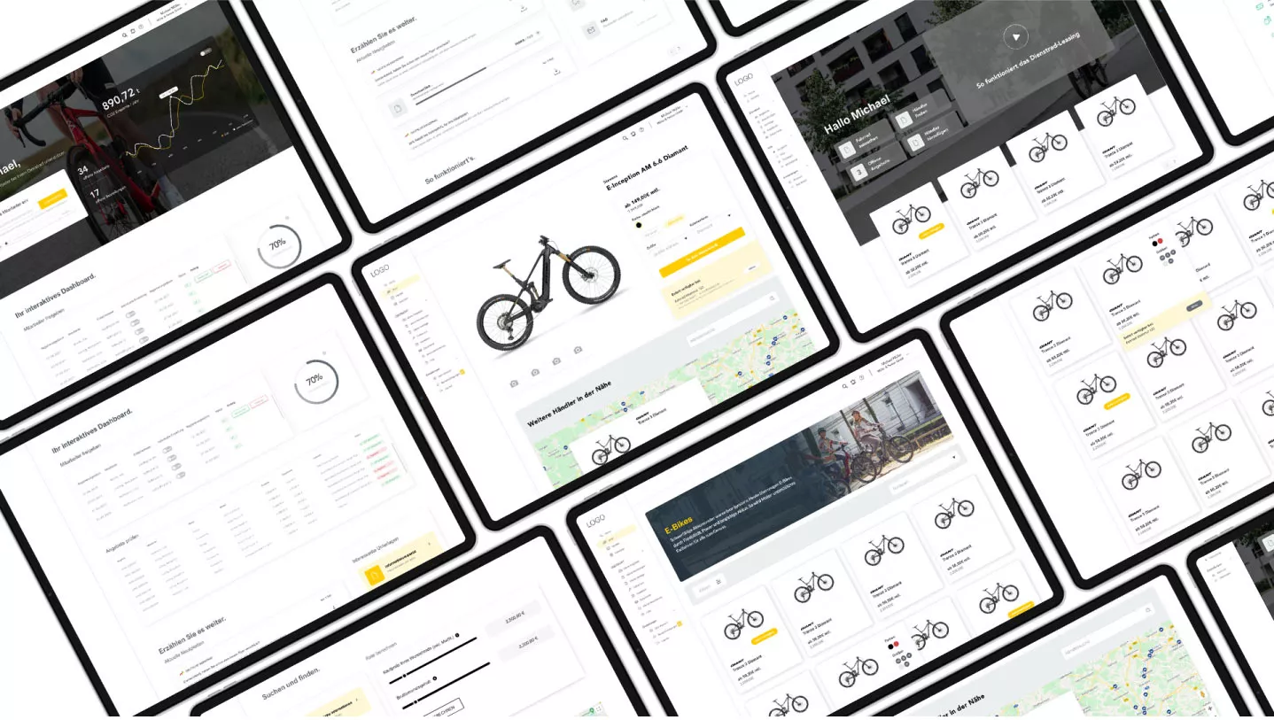 Eine Übersicht mehrerer Tablet-Bildschirme, die verschiedene digitale Dashboard-Ansichten und interaktive Seiten zeigen, darunter Diagramme, Karten, Fahrradangebote und Nutzerinformationen.