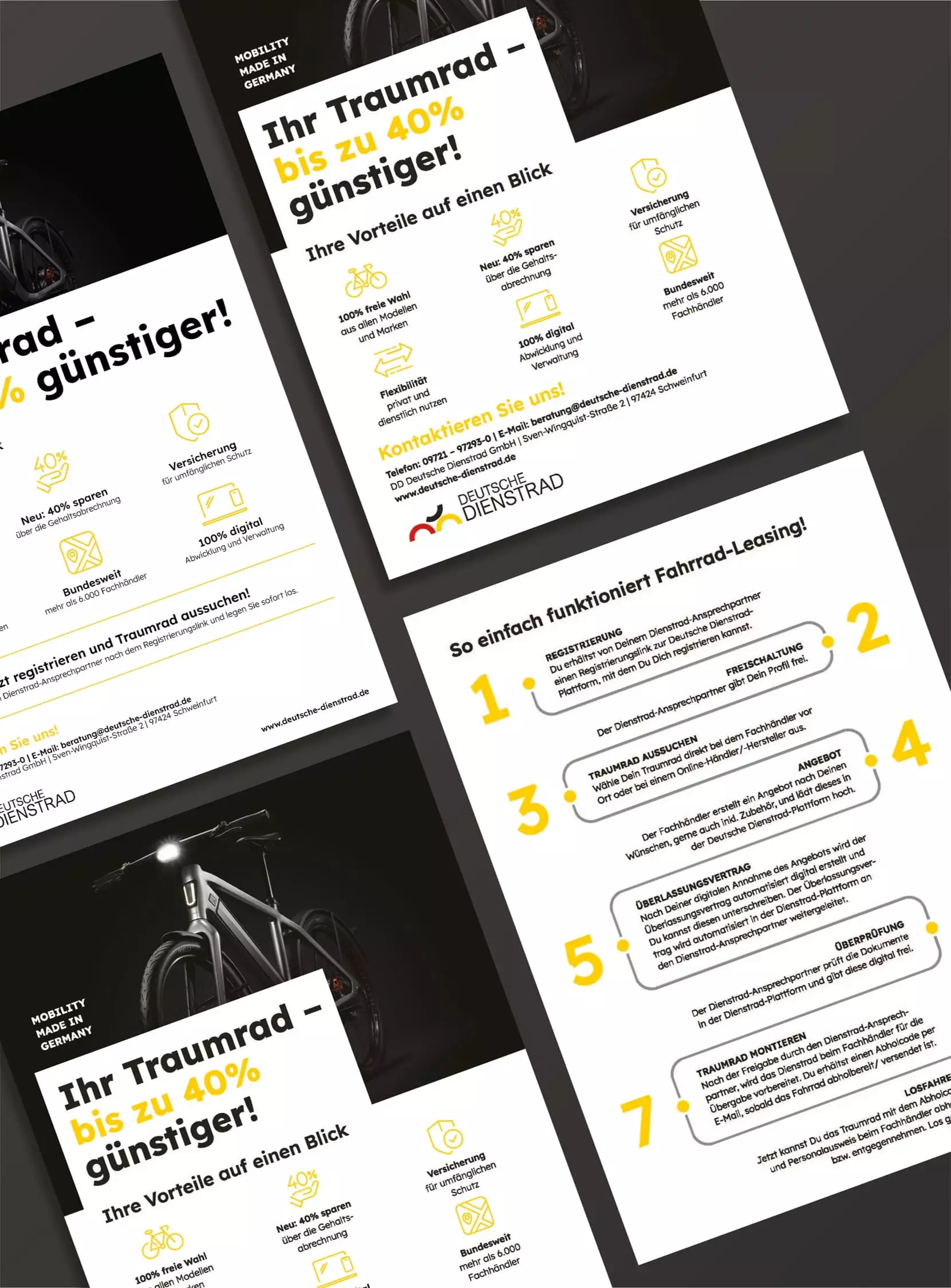 Flyer mit Informationen über Fahrrad-Leasing-Angebote, Vorteile wie 40% Ersparnis und bundesweite Verfügbarkeit hervorgehoben. Textdetails über das einfache Leasing-Verfahren, Kontaktinformationen und ein Fahrradbild sind ebenfalls zu sehen.