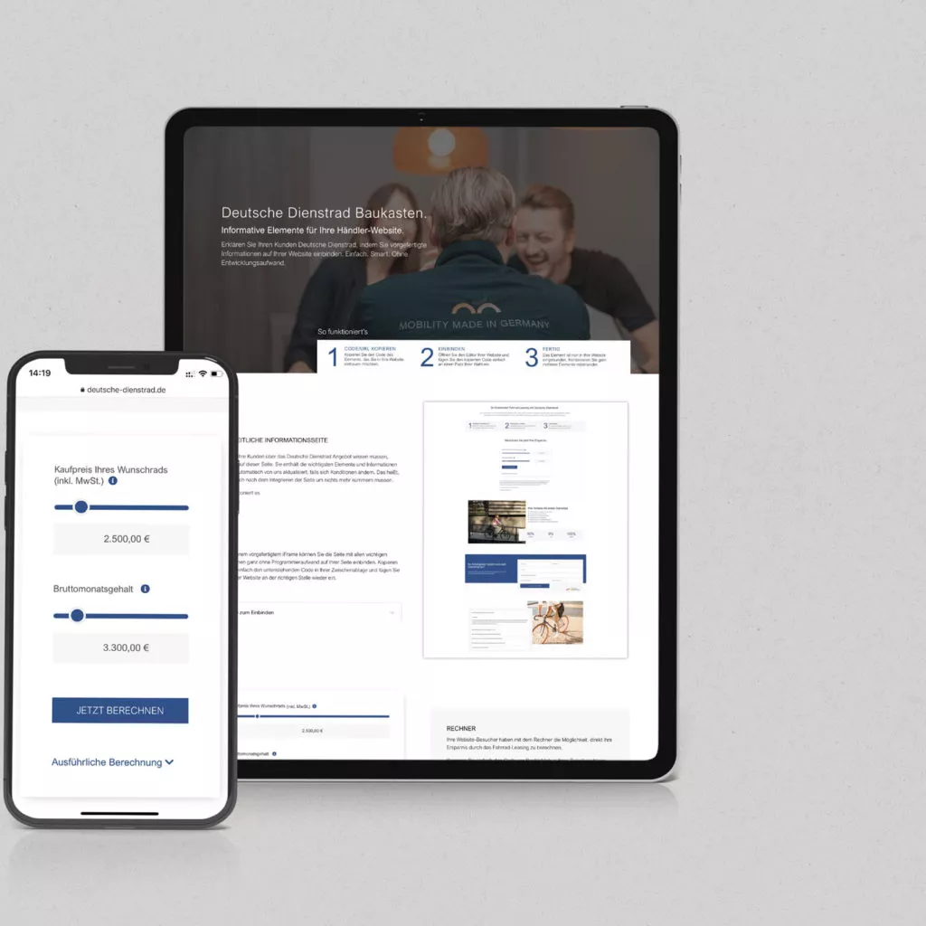 Ein Smartphone und ein Tablet zeigen eine Benutzeroberfläche der Deutschen Dienstrad-Plattform mit Informationen und einem Preisrechner.