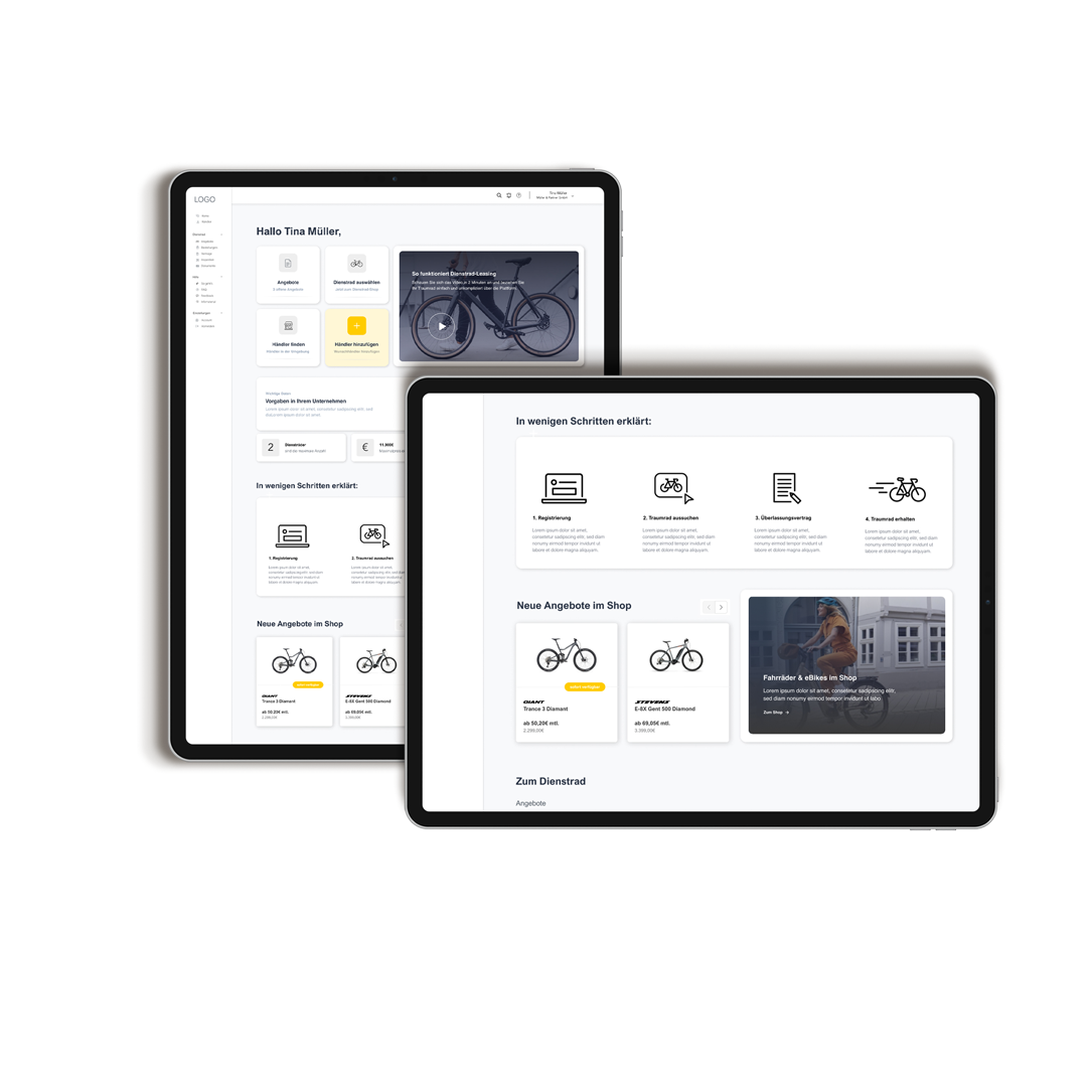 Zwei Tablets mit geöffneter Online-Plattform, die Schritte zur Dienstrad-Bestellung und neue Angebote im Shop anzeigen.