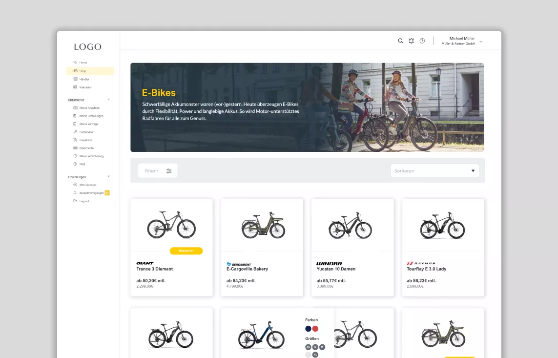 Ein Screenshot einer E-Bike-Shop-Seite mit verschiedenen Modellen, Preisen und Filteroptionen auf der linken Menüleiste.