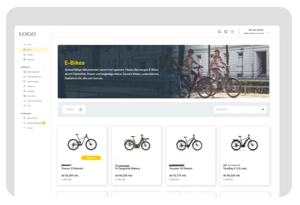 Ein Online-Shop-Interface für E-Bikes mit Filter- und Sortierfunktionen, sowie einer Auswahl an verschiedenen Fahrradmodellen samt Preisen.