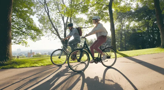 Zwei Personen fahren bei sonnigem Wetter mit Fahrrädern auf einem Weg durch einen Park. Die langen Schatten der Bäume und der Radfahrer erstrecken sich über den Boden, und im Hintergrund sind Bäume und eine Aussicht auf die Stadt sichtbar.