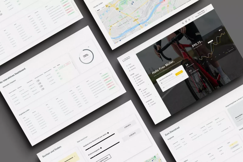 Verschiedene Bildschirmansichten eines interaktiven Dashboards, mit Karten, Diagrammen und Datenübersichten.