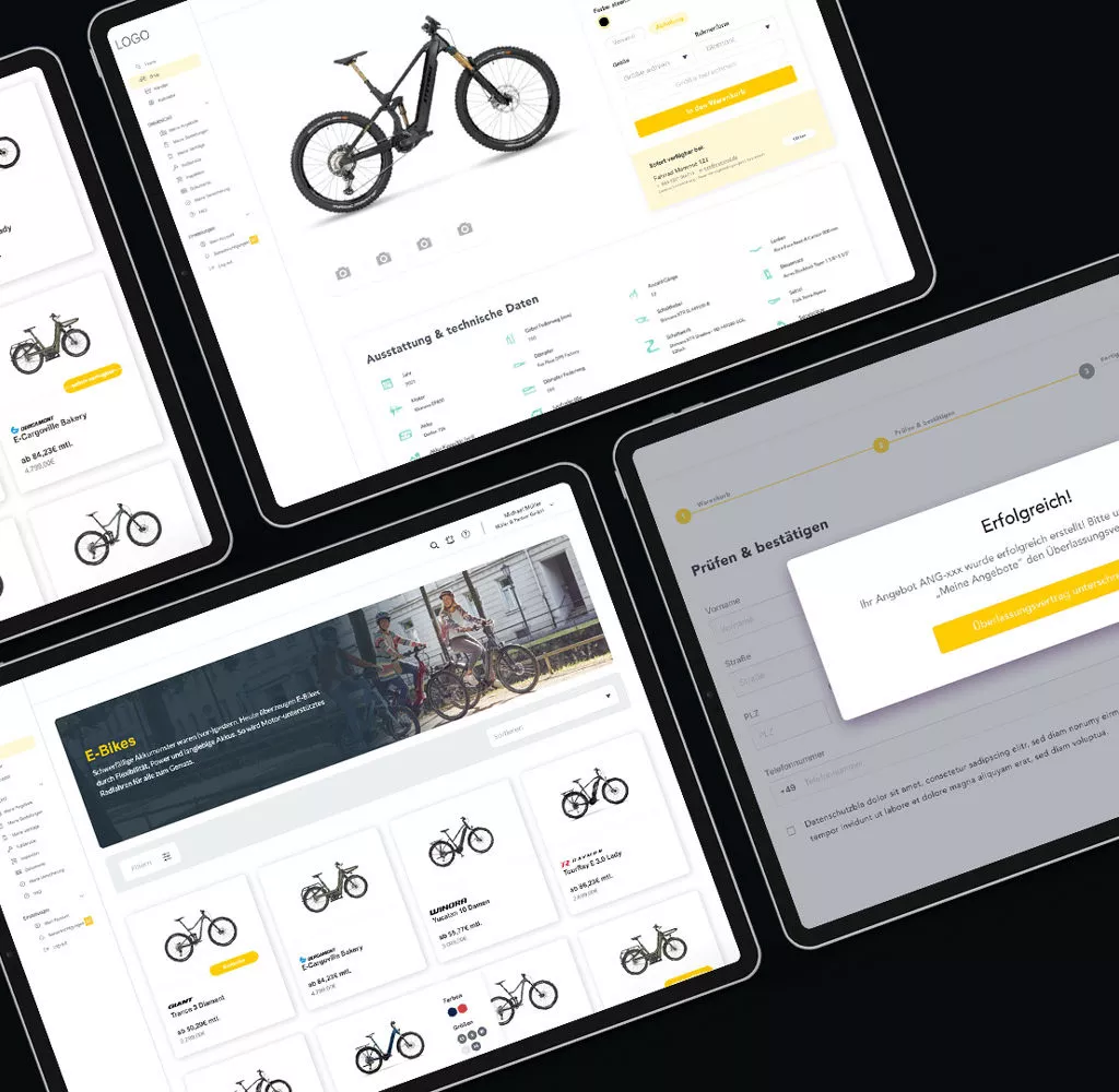 Tablets, die mehrere Bildschirmansichten eines digitalen Dashboards zeigen. Enthalten sind eine Fahrraddetailseite mit technischen Daten, eine E-Bike-Übersicht und ein Bestätigungsfenster mit dem Titel „Erfolgreich!“.