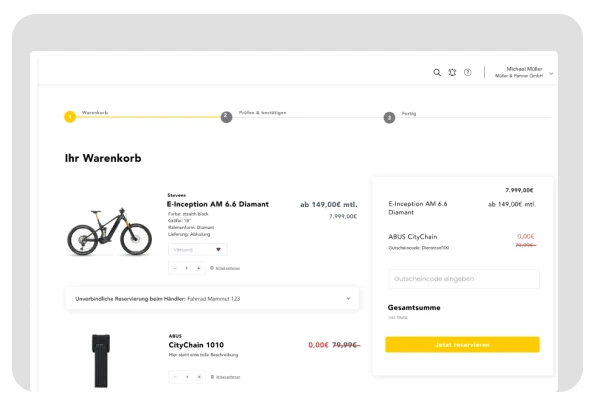 Ein Warenkorb im Online-Shop-Design mit Details zu einem ausgewählten E-Bike und einem Schloss, Preisen, einem Gutscheinfeld und einer Schaltfläche zum Reservieren.