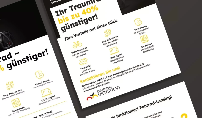 Ein Werbeflyer von „Deutsche Dienstrad“ wirbt für bis zu 40 % günstigere Preise und listet die Vorteile des Fahrrad-Leasings auf.