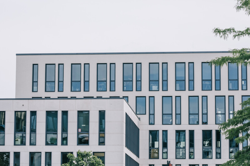 Ein modernes Bürogebäude mit zahlreichen bodentiefen Fenstern auf mehreren Stockwerken, daneben ein Baum mit grünen Blättern.