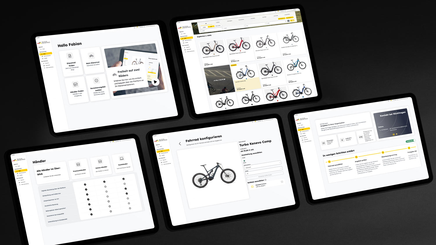 Eine Sammlung von fünf Tablets, die verschiedene Ansichten einer Fahrrad-Leasingplattform zeigen. Die Bildschirme umfassen Funktionen wie Fahrradauswahl, Konfiguration, Händlerübersicht und eine Schritt-für-Schritt-Anleitung. Die Benutzeroberfläche ist modern und benutzerfreundlich gestaltet, mit klaren Menüs und großen Icons.