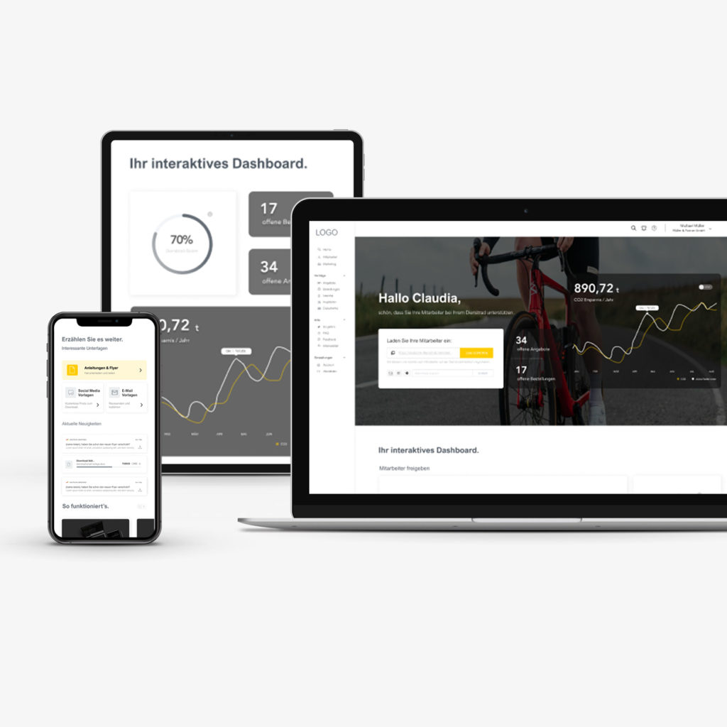 Eine Darstellung eines interaktiven Dashboards auf drei verschiedenen Geräten: einem Smartphone, einem Tablet und einem Laptop. Alle Bildschirme zeigen eine Benutzeroberfläche mit Grafiken, Statistiken und Begrüßungstexten.