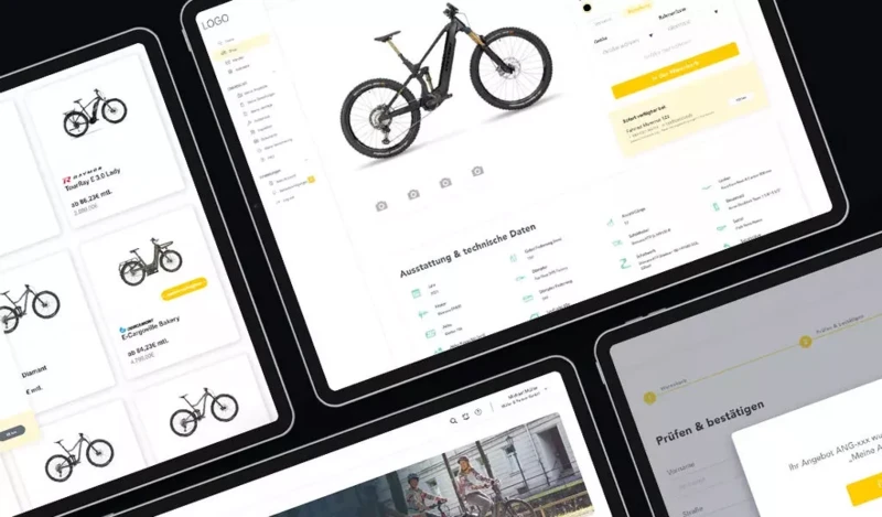 Mehrere Tablet-Bildschirme, die verschiedene Dashboard-Ansichten einer Fahrrad-Website zeigen.