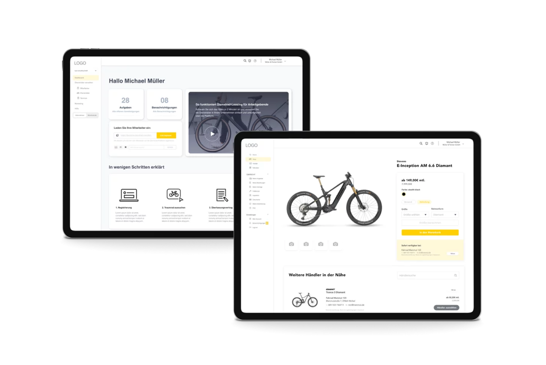 Zwei Tablets zeigen eine Fahrrad-Dashboard-Oberfläche und die Produktseite eines E-Bikes.