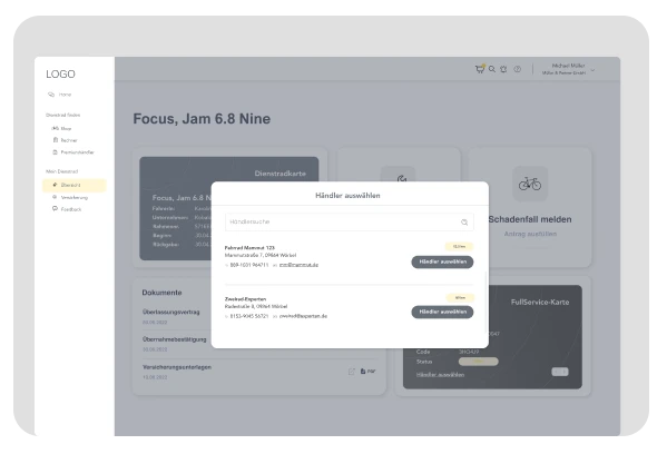 Ein Dashboard einer Online-Plattform zur Auswahl eines Fahrradmodells und Händlers. Ein Pop-up-Fenster zeigt eine Händlerliste zur Auswahl.