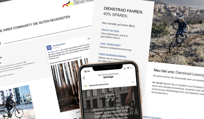 Eine Collage aus digitalen und gedruckten Medien mit Informationen über Dienstrad-Leasing, Vorteile, Social-Media-Beiträge und eine mobile Anzeige auf einem Smartphone.