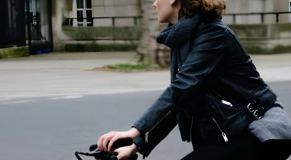 Eine Frau in einer schwarzen Lederjacke fährt auf einem Fahrrad durch eine städtische Umgebung.